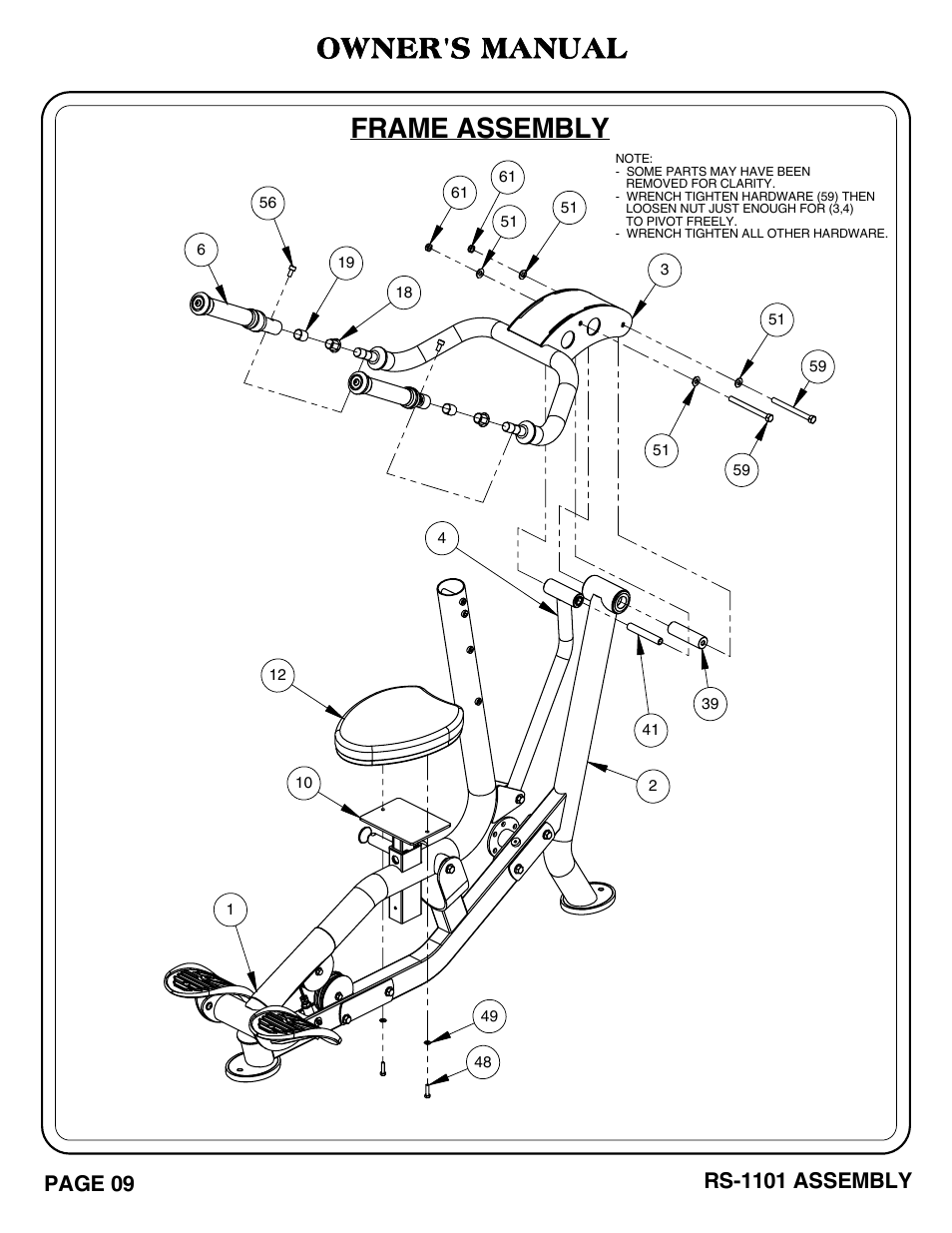 Frame assembly, Owner's manual, Page 09 | Rs-1101 assembly | Hoist Fitness RS-1101 User Manual | Page 10 / 31