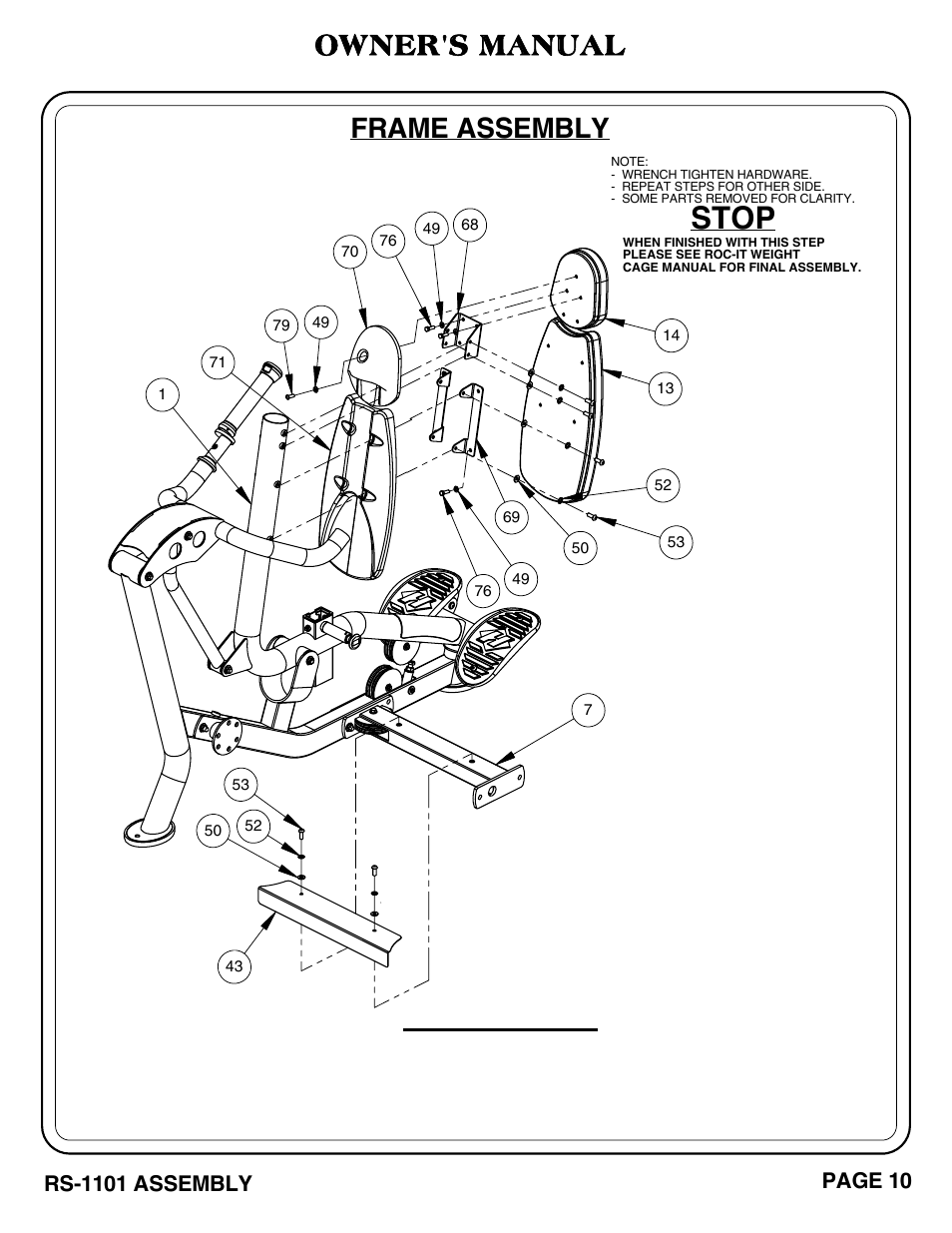 Stop, Important, Owner's manual | Frame assembly | Hoist Fitness RS-1101 User Manual | Page 11 / 31