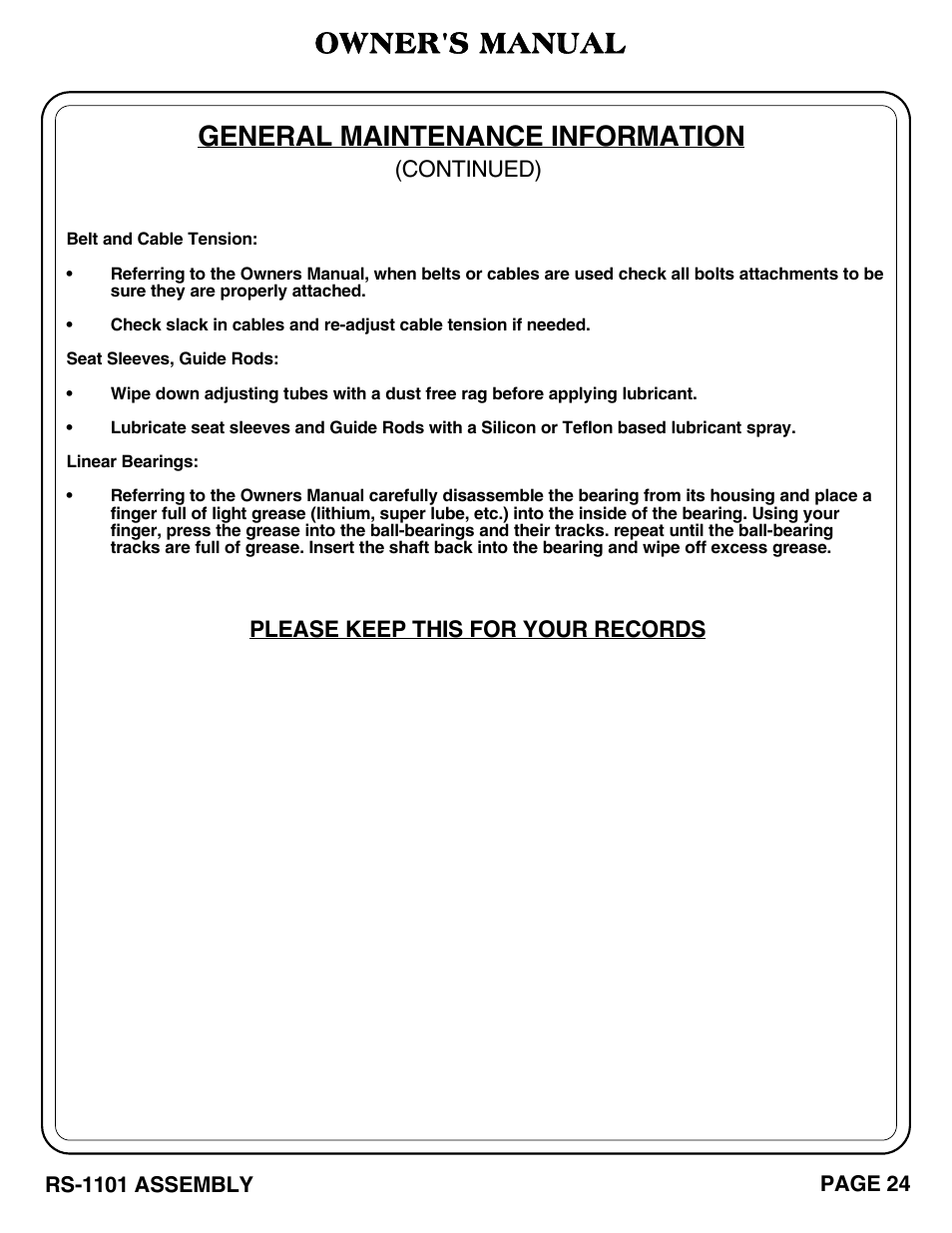 General maintenance information, Owner's manual | Hoist Fitness RS-1101 User Manual | Page 25 / 31