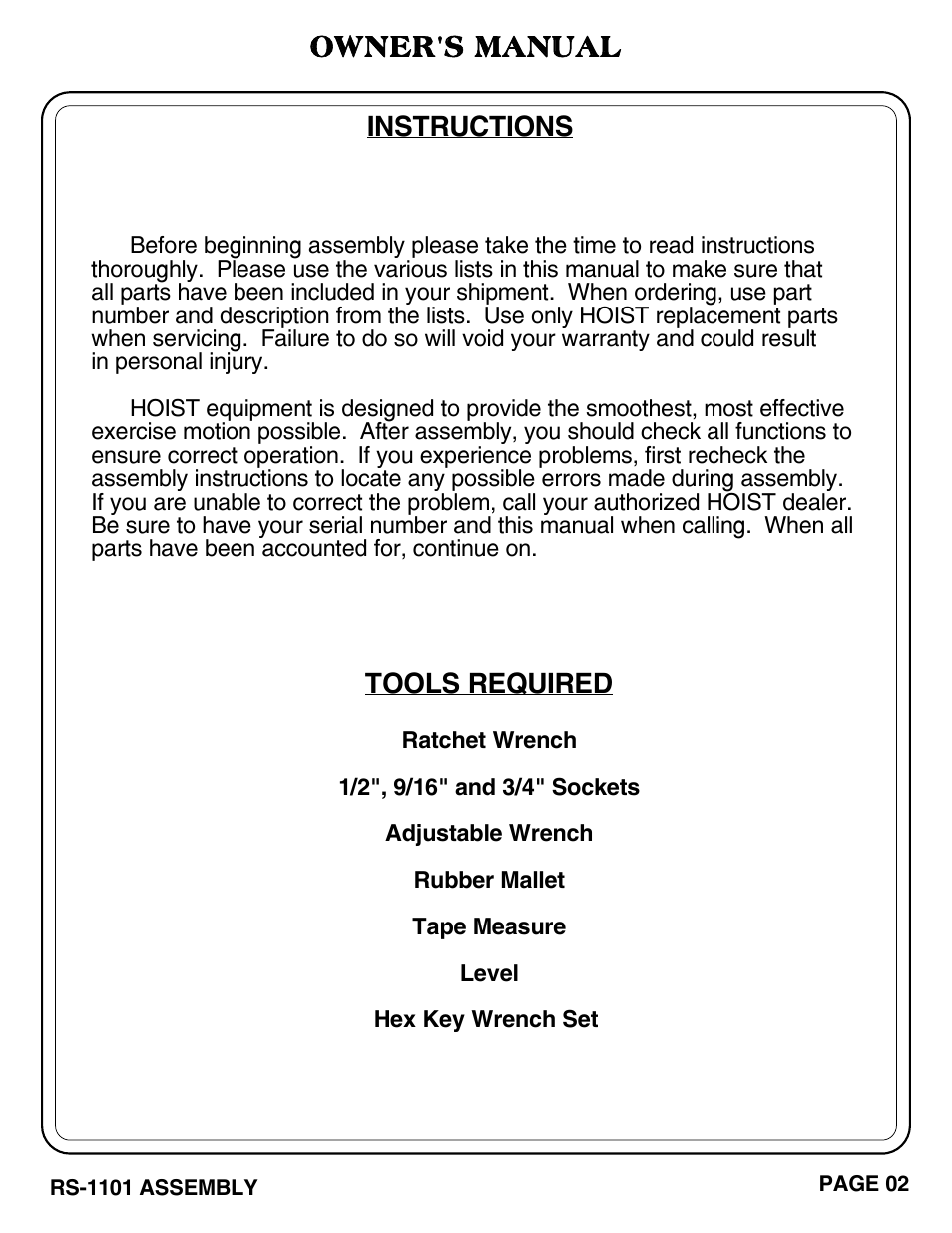 Owner's manual, Tools required, Instructions | Hoist Fitness RS-1101 User Manual | Page 3 / 31