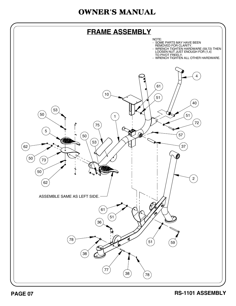 Frame assembly, Owner's manual, Page 07 | Rs-1101 assembly | Hoist Fitness RS-1101 User Manual | Page 8 / 31