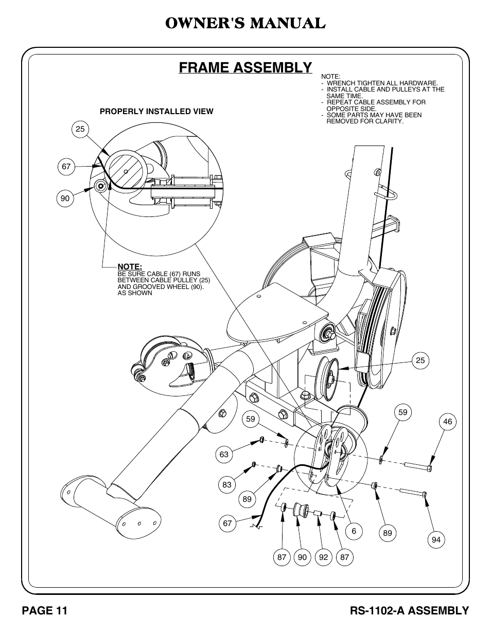 Frame assembly, Owner's manual, Page 11 | Rs-1102-a assembly | Hoist Fitness RS-1102-A User Manual | Page 12 / 35