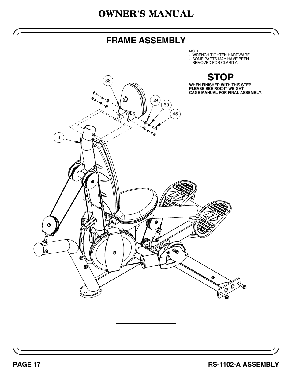 Stop, Important, Frame assembly | Owner's manual | Hoist Fitness RS-1102-A User Manual | Page 18 / 35