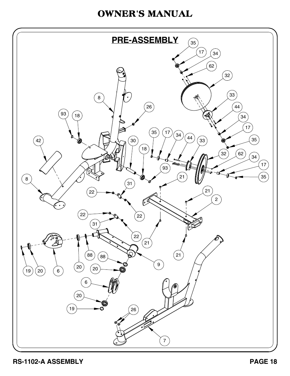 Pre-assembly, Owner's manual, Rs-1102-a assembly | Page 18 | Hoist Fitness RS-1102-A User Manual | Page 19 / 35