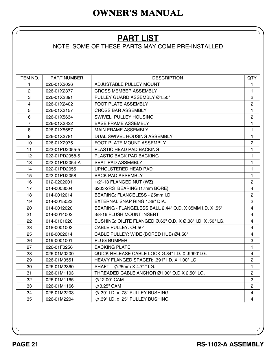 Part list, Owner's manual, Page 21 | Rs-1102-a assembly | Hoist Fitness RS-1102-A User Manual | Page 22 / 35