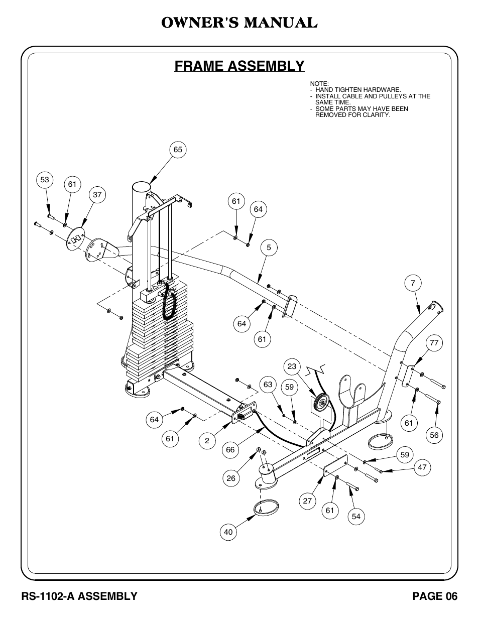 Frame assembly, Owner's manual, Rs-1102-a assembly | Page 06 | Hoist Fitness RS-1102-A User Manual | Page 7 / 35