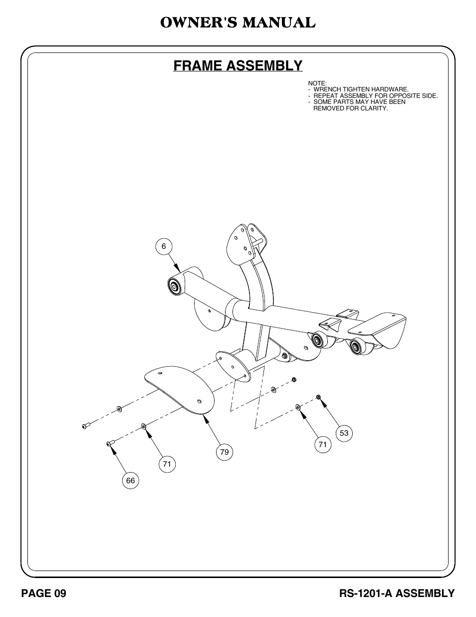 Rs-1201-a_pg 09-10, Frame assembly, Owner's manual | Hoist Fitness RS-1201-A User Manual | Page 10 / 34