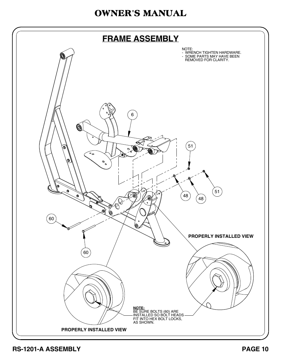 Frame assembly, Owner's manual, Rs-1201-a assembly | Page 10 | Hoist Fitness RS-1201-A User Manual | Page 11 / 34