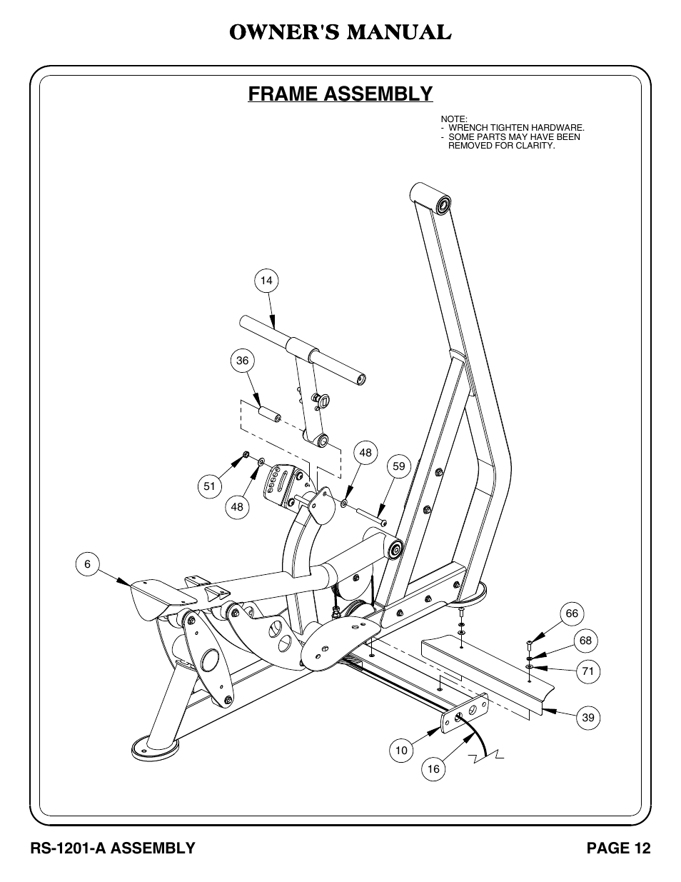 Frame assembly, Owner's manual, Rs-1201-a assembly | Page 12 | Hoist Fitness RS-1201-A User Manual | Page 13 / 34