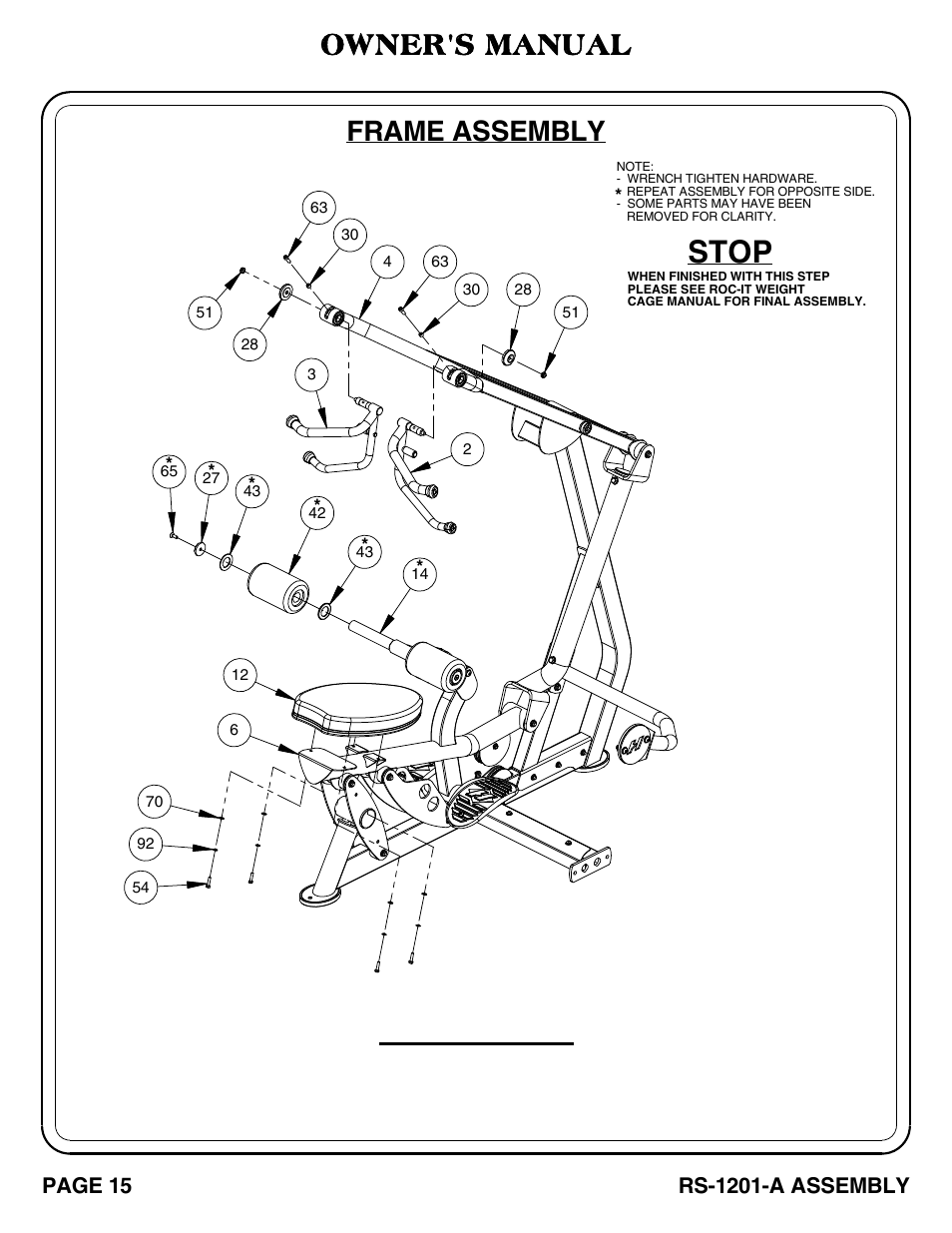 Rs-1201-a_pg 15-16, Stop, Important | Frame assembly, Owner's manual | Hoist Fitness RS-1201-A User Manual | Page 16 / 34