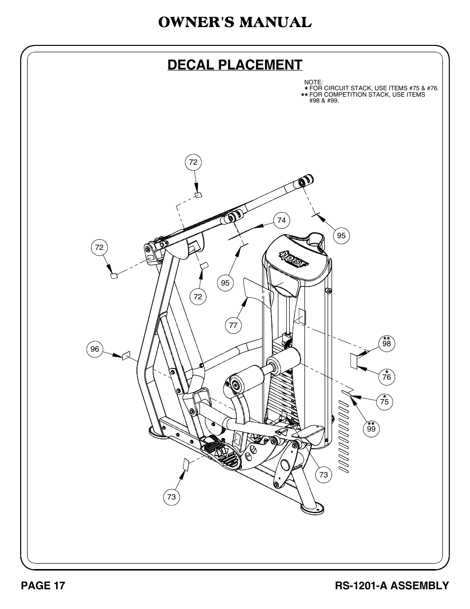 Rs-1201-a_pg 17-19, Decal placement, Owner's manual | Page 17, Rs-1201-a assembly | Hoist Fitness RS-1201-A User Manual | Page 18 / 34