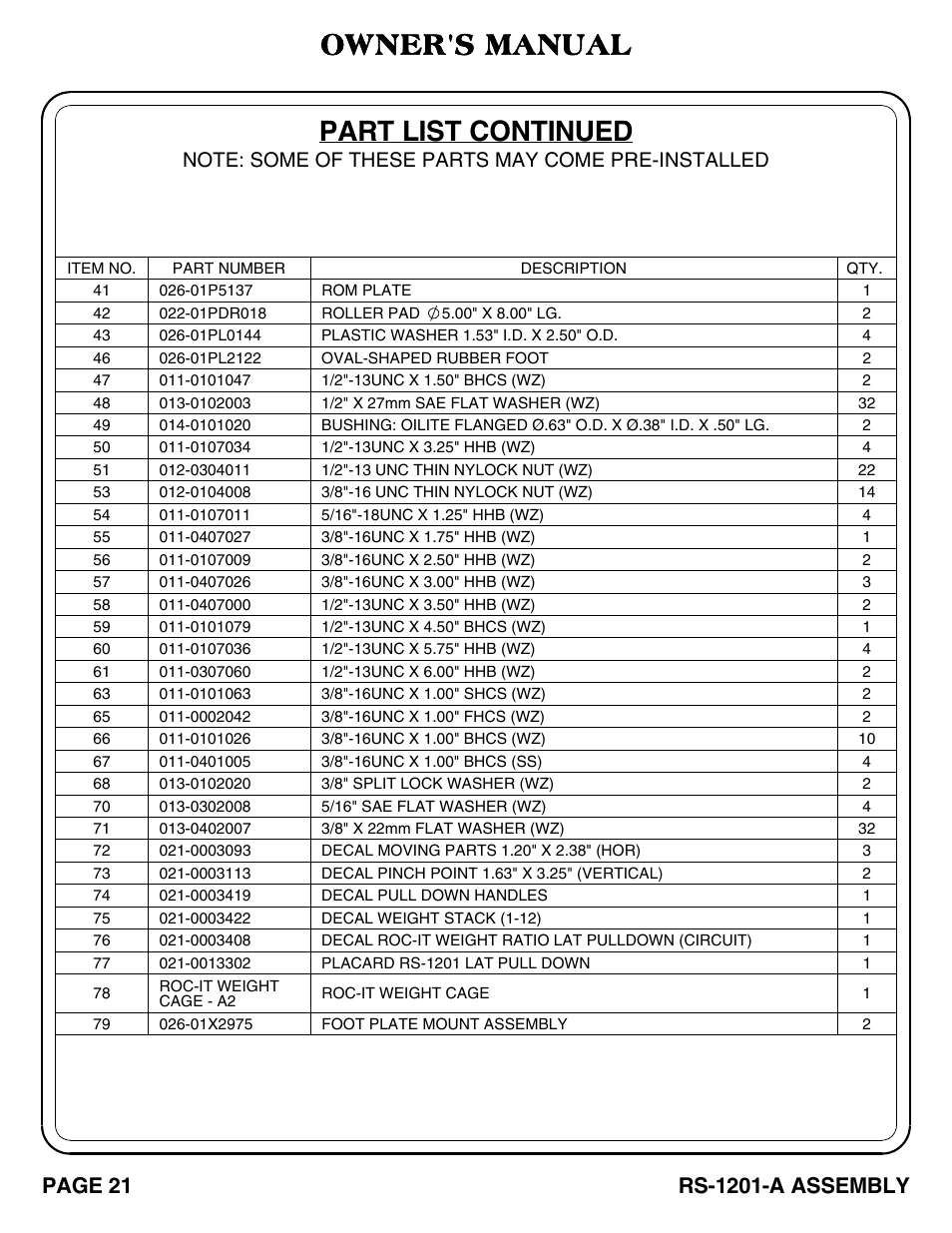 Part list continued owner's manual | Hoist Fitness RS-1201-A User Manual | Page 22 / 34