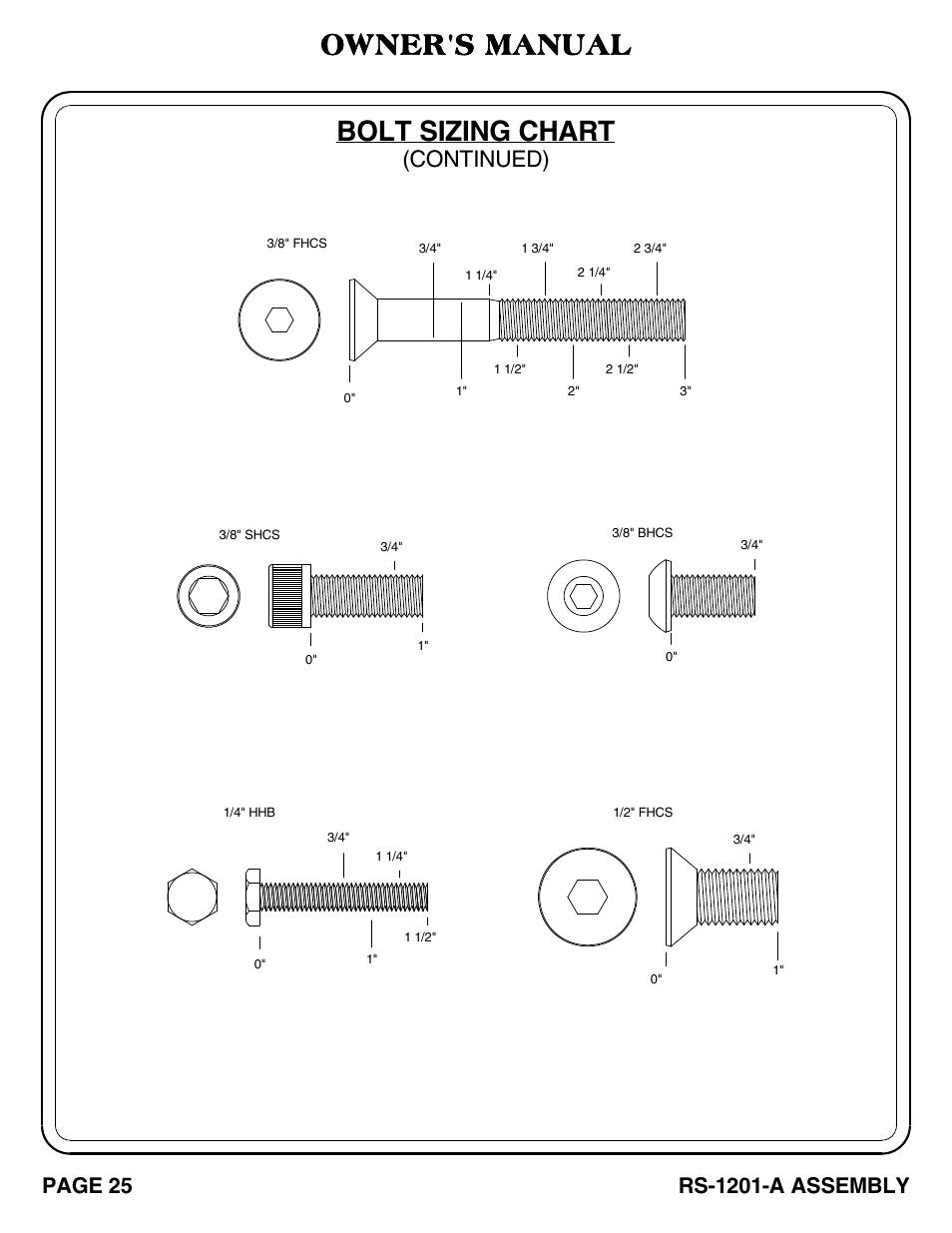 Bolt sizing chart, Owner's manual, Continued) | Rs-1201-a assembly, Page 25 | Hoist Fitness RS-1201-A User Manual | Page 26 / 34