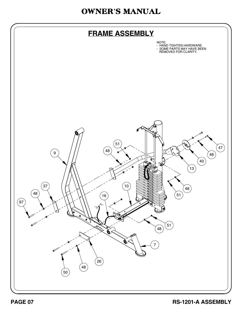 Rs-1201-a_pg 07-08, Frame assembly, Owner's manual | Page 07, Rs-1201-a assembly | Hoist Fitness RS-1201-A User Manual | Page 8 / 34