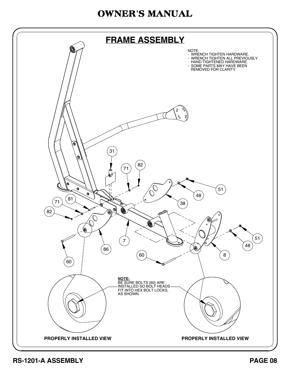 Frame assembly, Owner's manual, Rs-1201-a assembly | Page 08 | Hoist Fitness RS-1201-A User Manual | Page 9 / 34