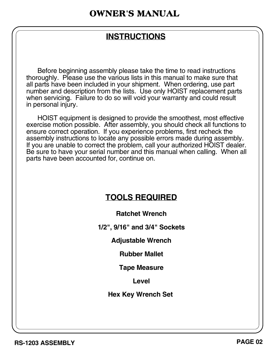 Owner's manual, Tools required, Instructions | Hoist Fitness RS-1203 User Manual | Page 3 / 31