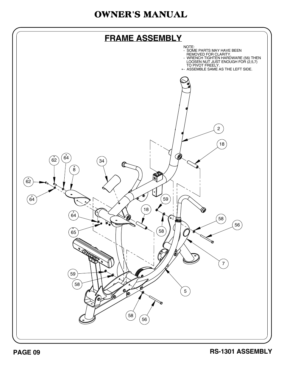 Owner's manual, Frame assembly | Hoist Fitness RS-1301 User Manual | Page 10 / 35