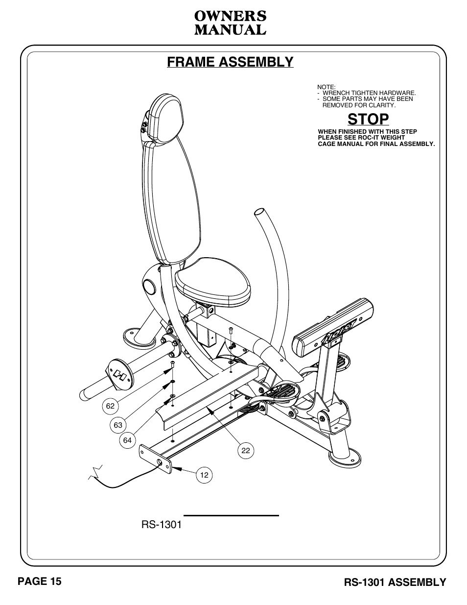 Important, Stop, Owners | Manual, Frame assembly | Hoist Fitness RS-1301 User Manual | Page 16 / 35