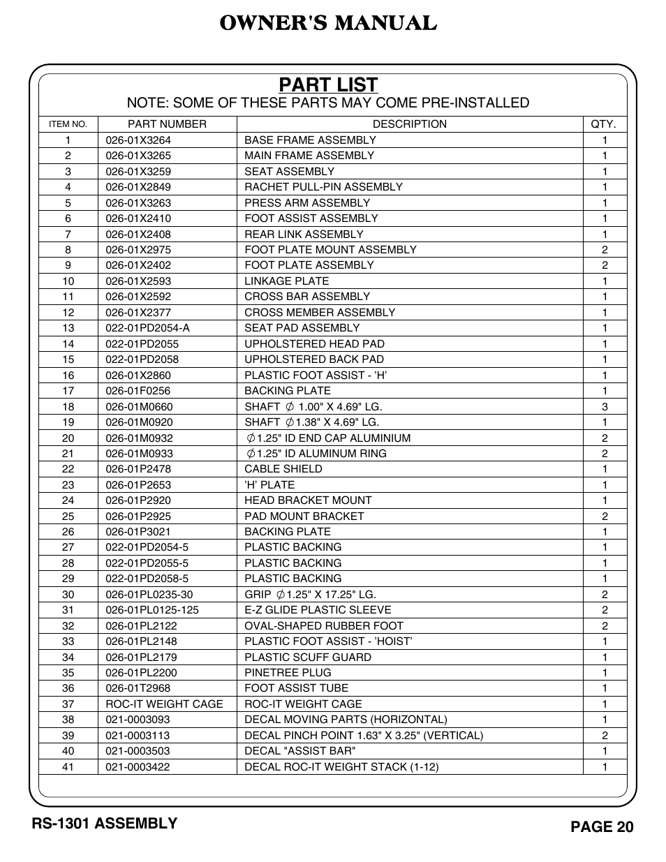 Owner's manual, Part list | Hoist Fitness RS-1301 User Manual | Page 21 / 35