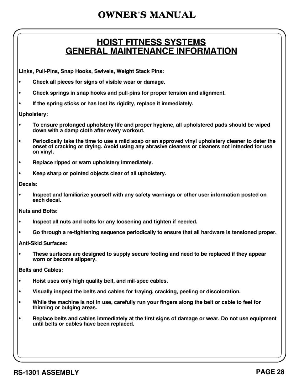 Owner's manual | Hoist Fitness RS-1301 User Manual | Page 29 / 35