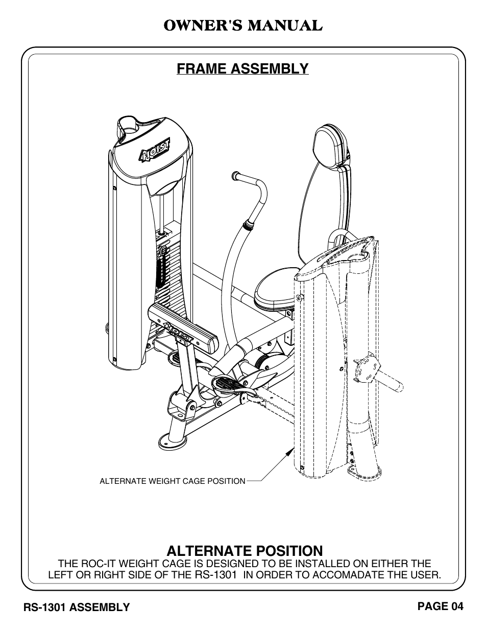 Owner's manual, Frame assembly alternate position | Hoist Fitness RS-1301 User Manual | Page 5 / 35