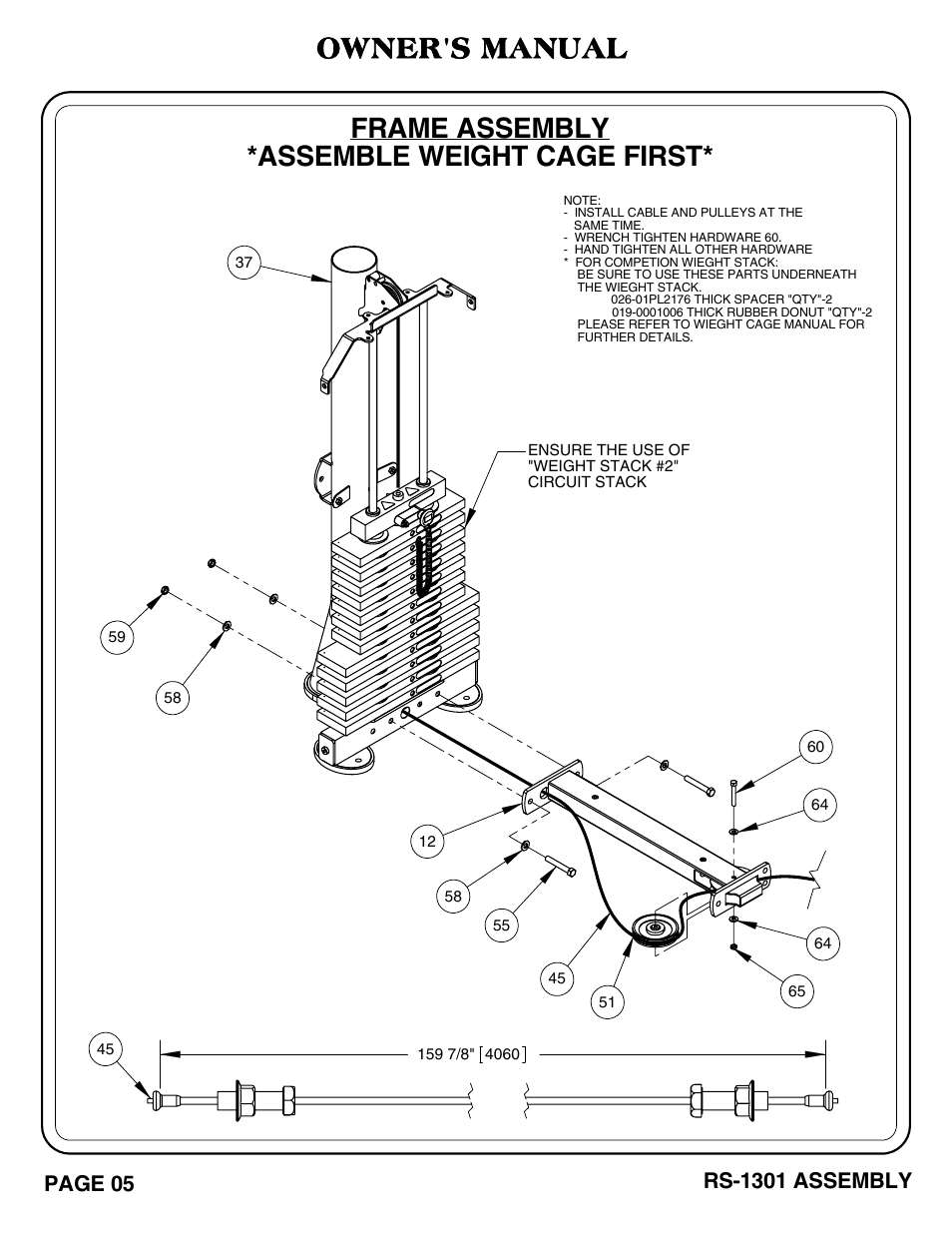 Owner's manual, Frame assembly *assemble weight cage first, Page 05 | Rs-1301 assembly | Hoist Fitness RS-1301 User Manual | Page 6 / 35