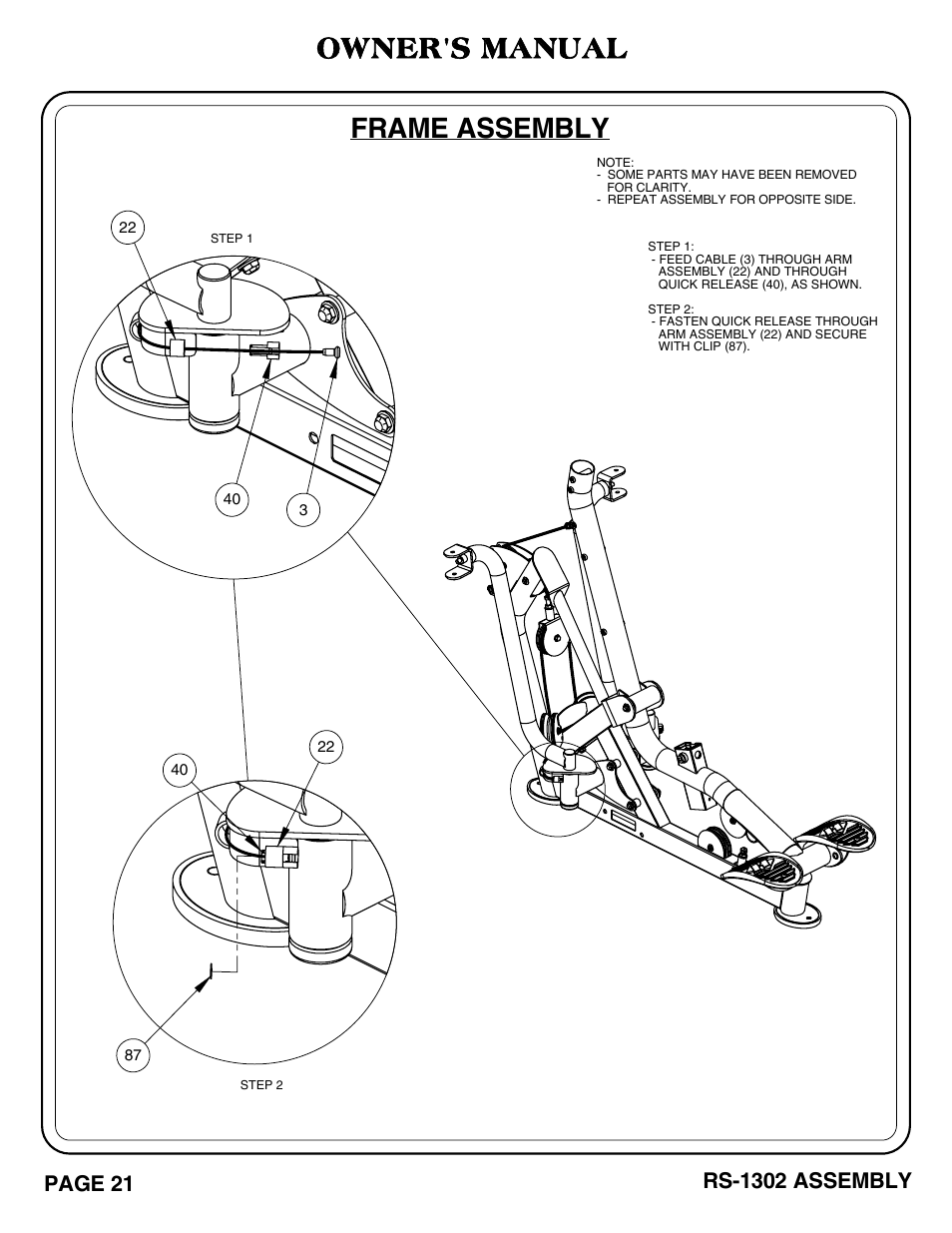 Rs-1302_pg 21-22.pdf, Frame assembly, Owner's manual | Hoist Fitness RS-1302 User Manual | Page 22 / 47