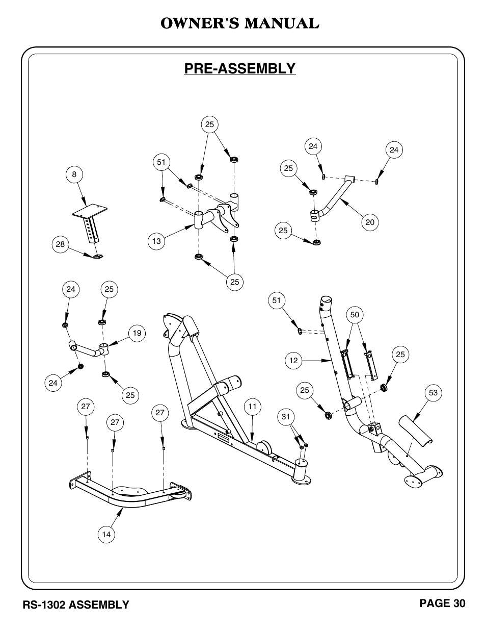 Pre-assembly, Owner's manual, Rs-1302 assembly | Page 30 | Hoist Fitness RS-1302 User Manual | Page 31 / 47