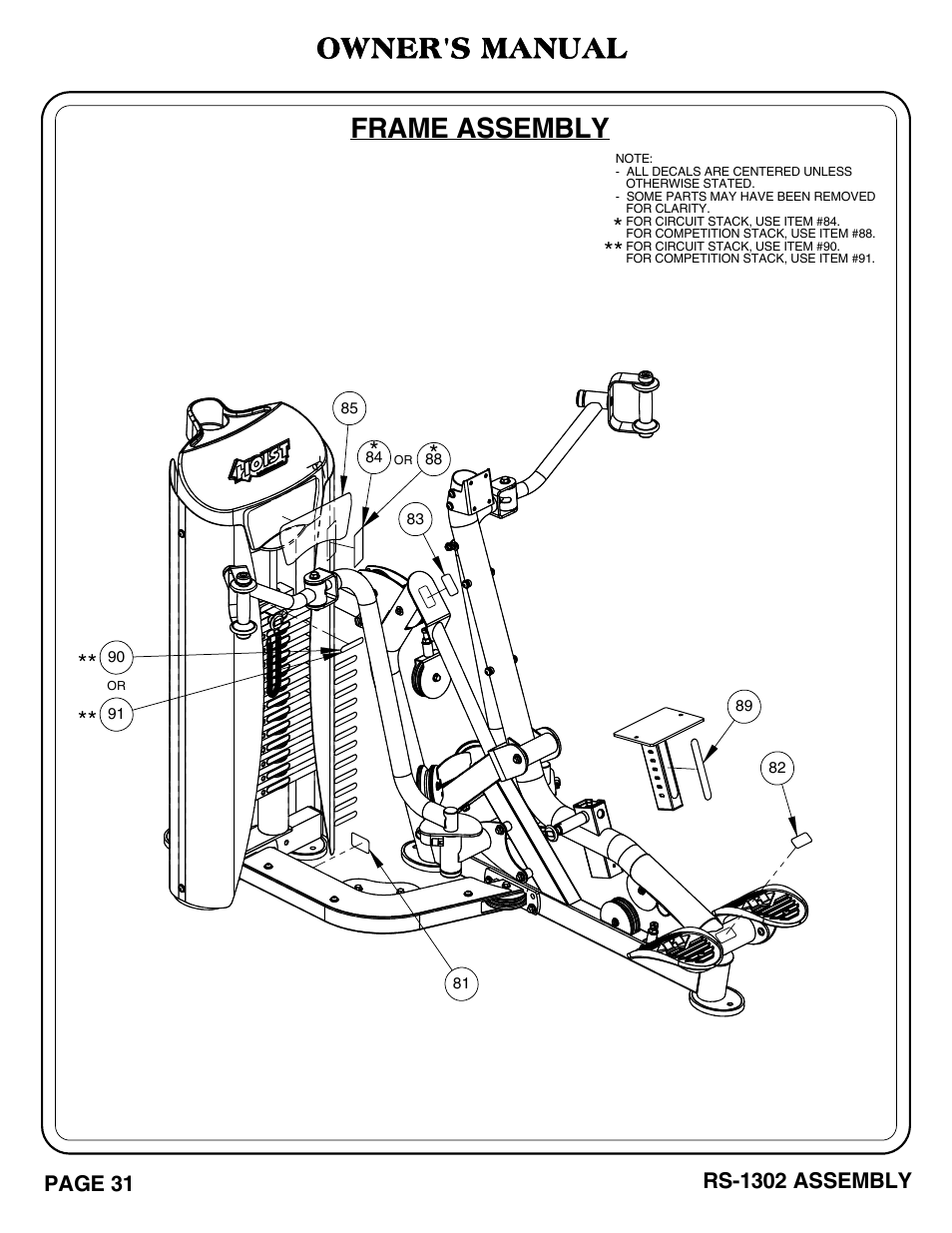 Rs-1302_pg 31-32.pdf, Frame assembly, Owner's manual | Hoist Fitness RS-1302 User Manual | Page 32 / 47