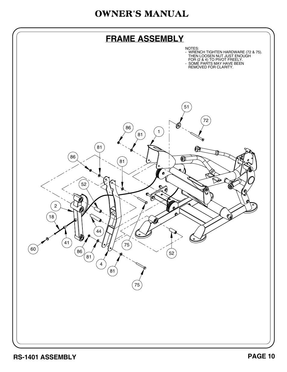 Frame assembly, Owner's manual, Rs-1401 assembly | Page 10 | Hoist Fitness RS-1401 User Manual | Page 11 / 37