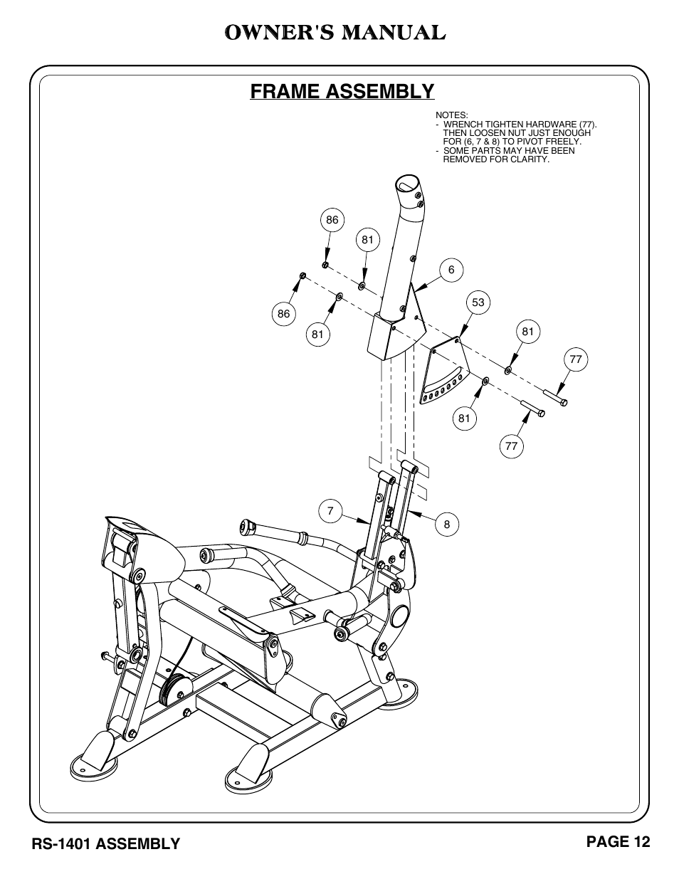 Frame assembly, Owner's manual | Hoist Fitness RS-1401 User Manual | Page 13 / 37