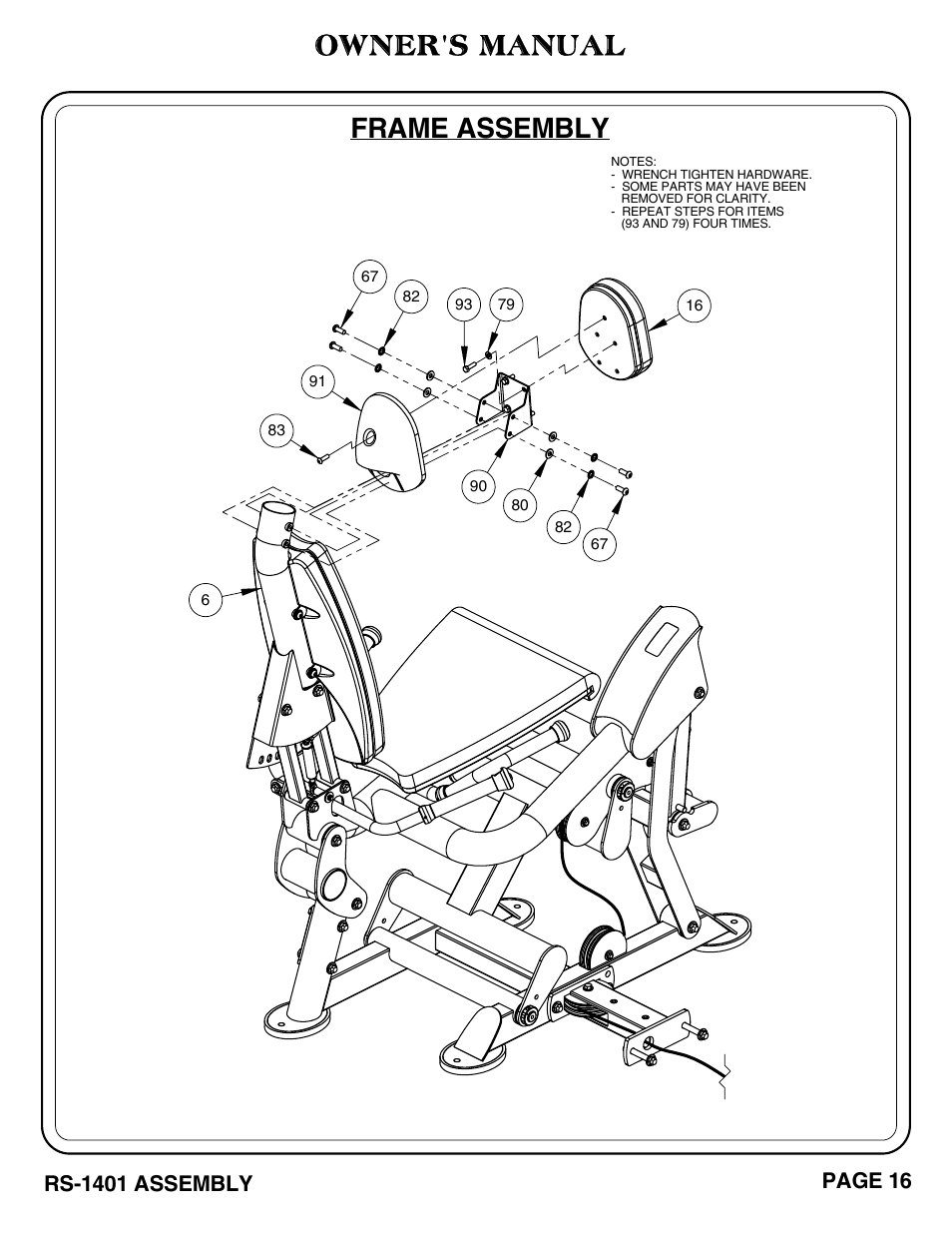 Frame assembly, Owner's manual, Rs-1401 assembly | Page 16 | Hoist Fitness RS-1401 User Manual | Page 17 / 37