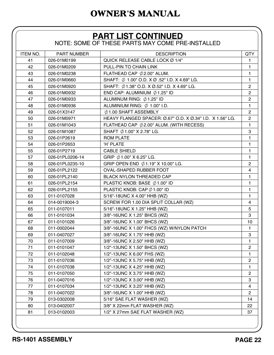 Part list continued, Owner's manual | Hoist Fitness RS-1401 User Manual | Page 23 / 37