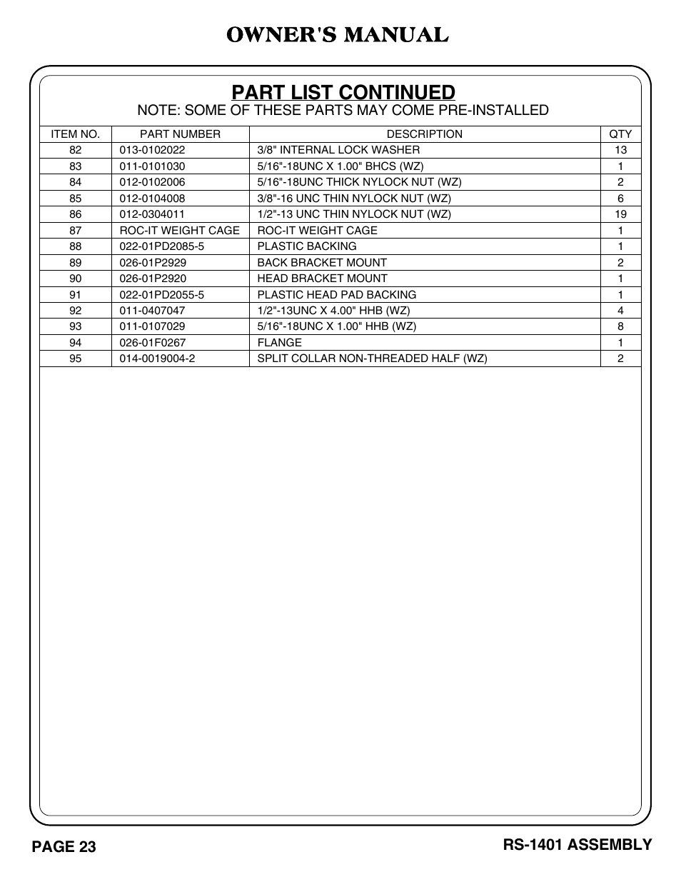 Part list continued, Owner's manual, Rs-1401 assembly | Page 23 | Hoist Fitness RS-1401 User Manual | Page 24 / 37