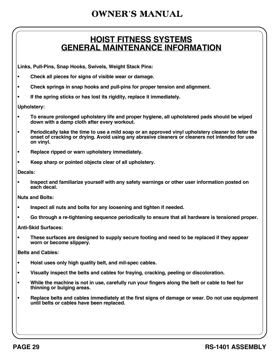 Owner's manual | Hoist Fitness RS-1401 User Manual | Page 30 / 37