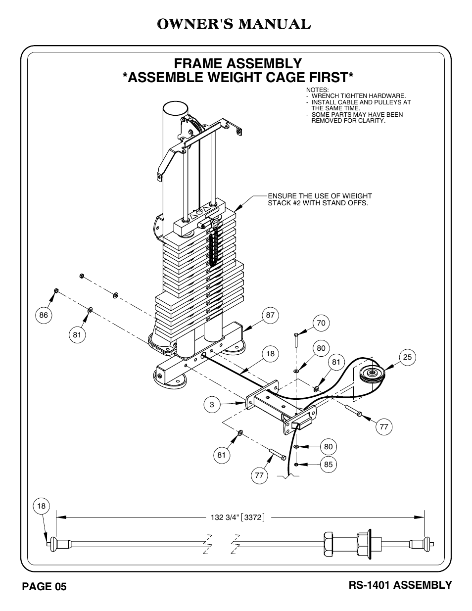 Frame assembly *assemble weight cage first, Owner's manual, Page 05 | Rs-1401 assembly | Hoist Fitness RS-1401 User Manual | Page 6 / 37