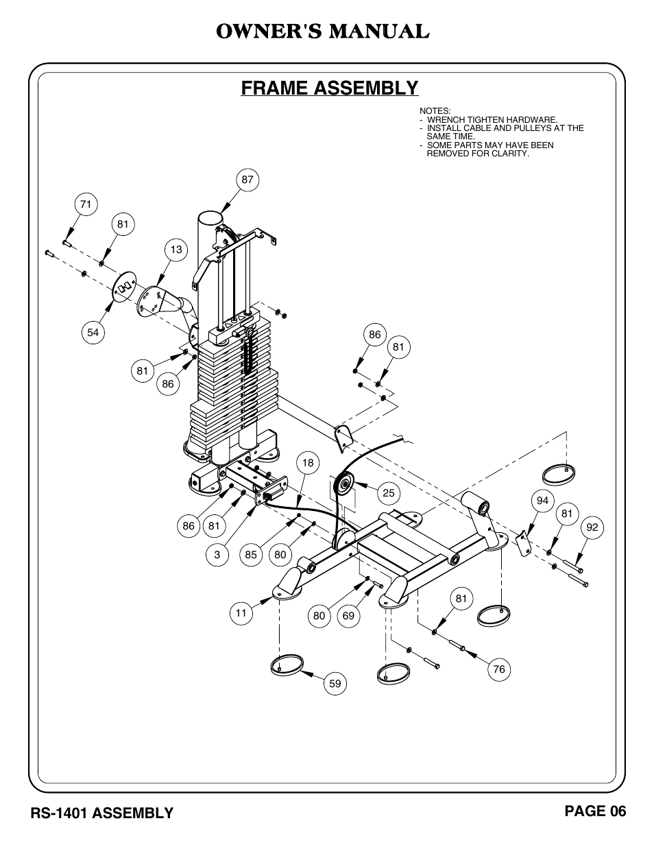 Frame assembly, Owner's manual | Hoist Fitness RS-1401 User Manual | Page 7 / 37