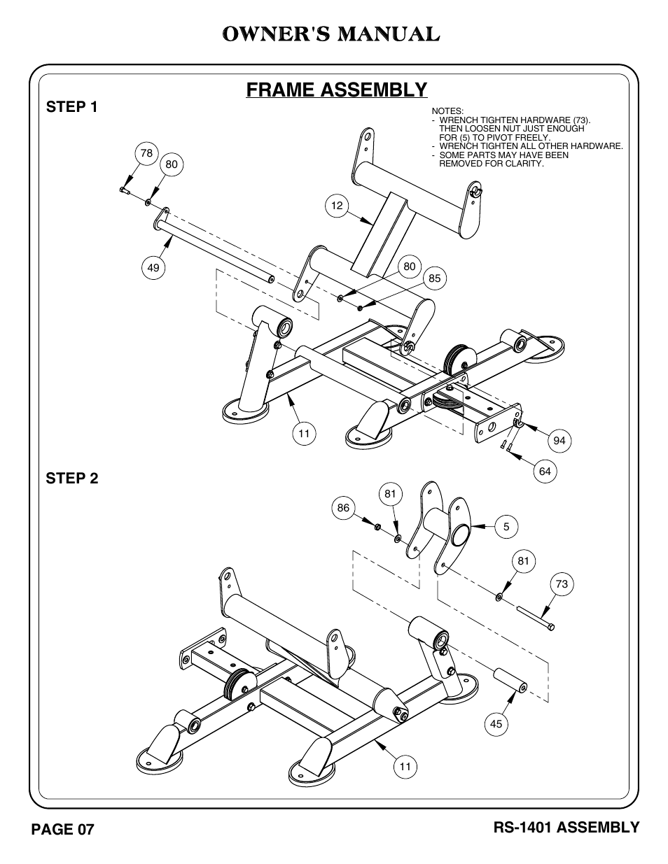 Frame assembly, Owner's manual, Step 2 | Page 07, Rs-1401 assembly, Step 1 | Hoist Fitness RS-1401 User Manual | Page 8 / 37