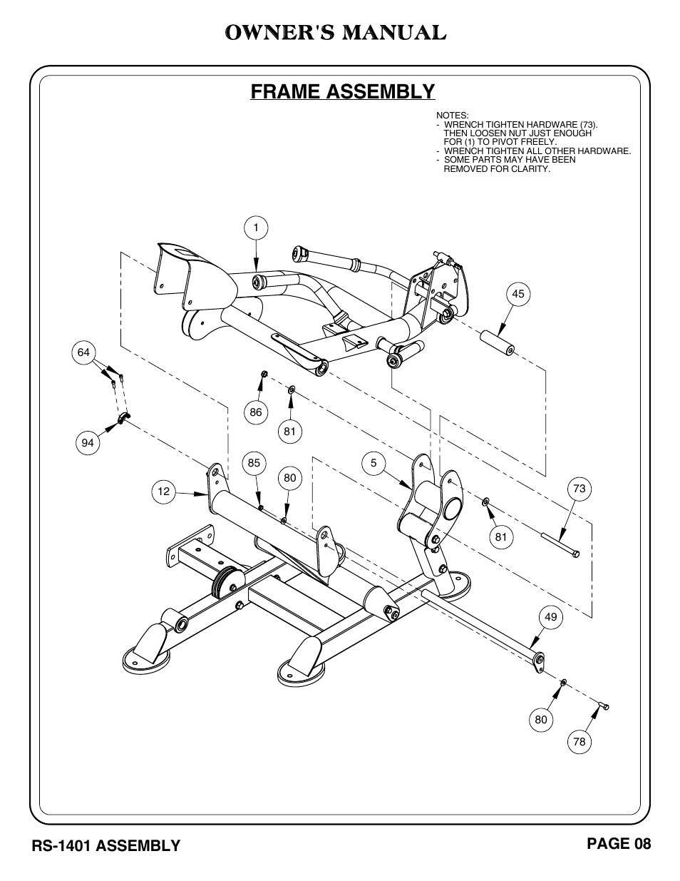 Frame assembly, Owner's manual, Rs-1401 assembly | Page 08 | Hoist Fitness RS-1401 User Manual | Page 9 / 37