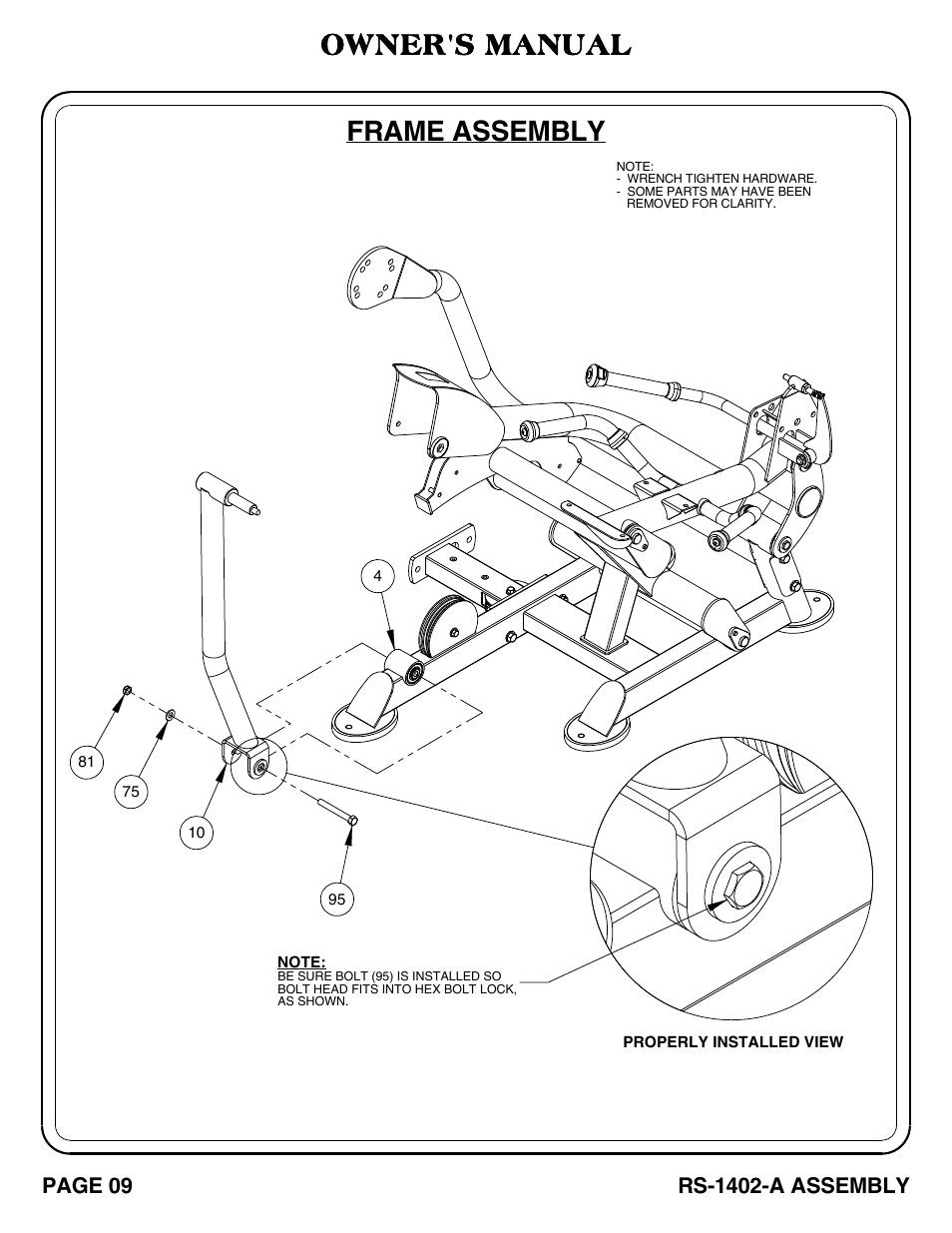 Rs-1402-a_pg 09-10, Frame assembly, Owner's manual | Page 09, Rs-1402-a assembly | Hoist Fitness RS-1402-A User Manual | Page 10 / 42