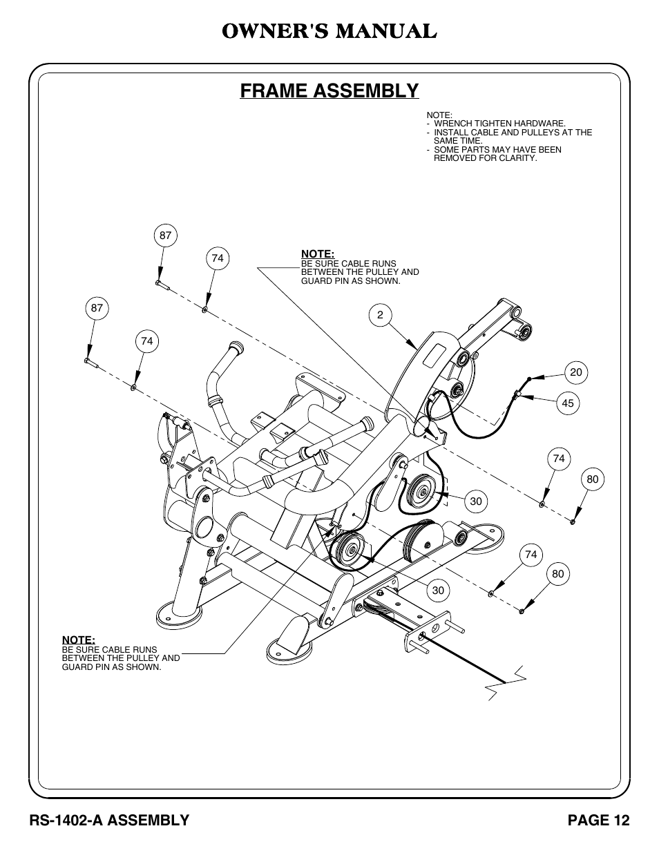 Frame assembly, Owner's manual, Rs-1402-a assembly | Page 12 | Hoist Fitness RS-1402-A User Manual | Page 13 / 42