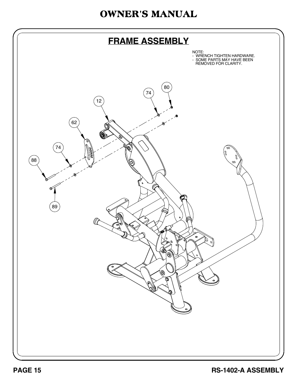 Rs-1402-a_pg 15-16, Frame assembly, Owner's manual | Page 15, Rs-1402-a assembly | Hoist Fitness RS-1402-A User Manual | Page 16 / 42