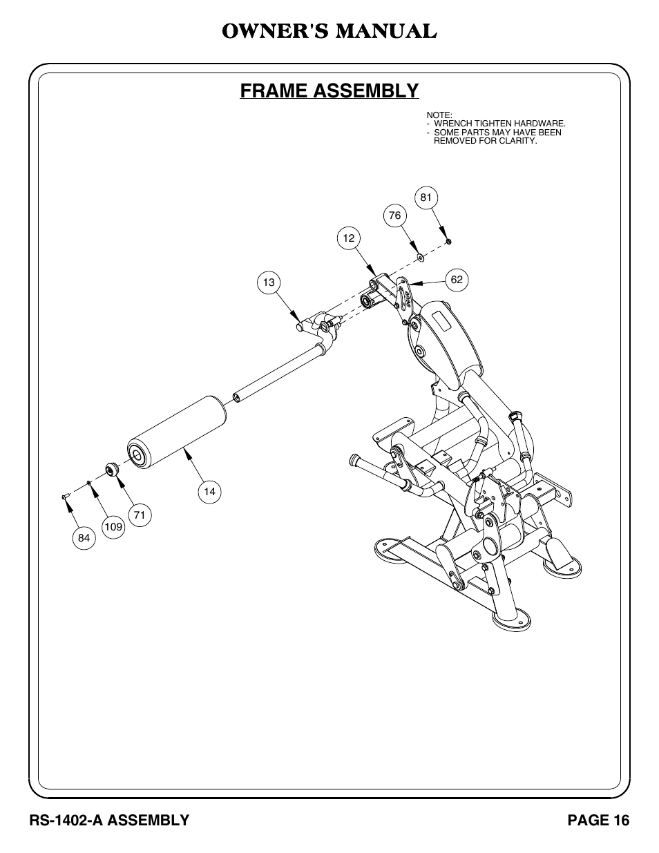 Frame assembly, Owner's manual, Rs-1402-a assembly | Page 16 | Hoist Fitness RS-1402-A User Manual | Page 17 / 42