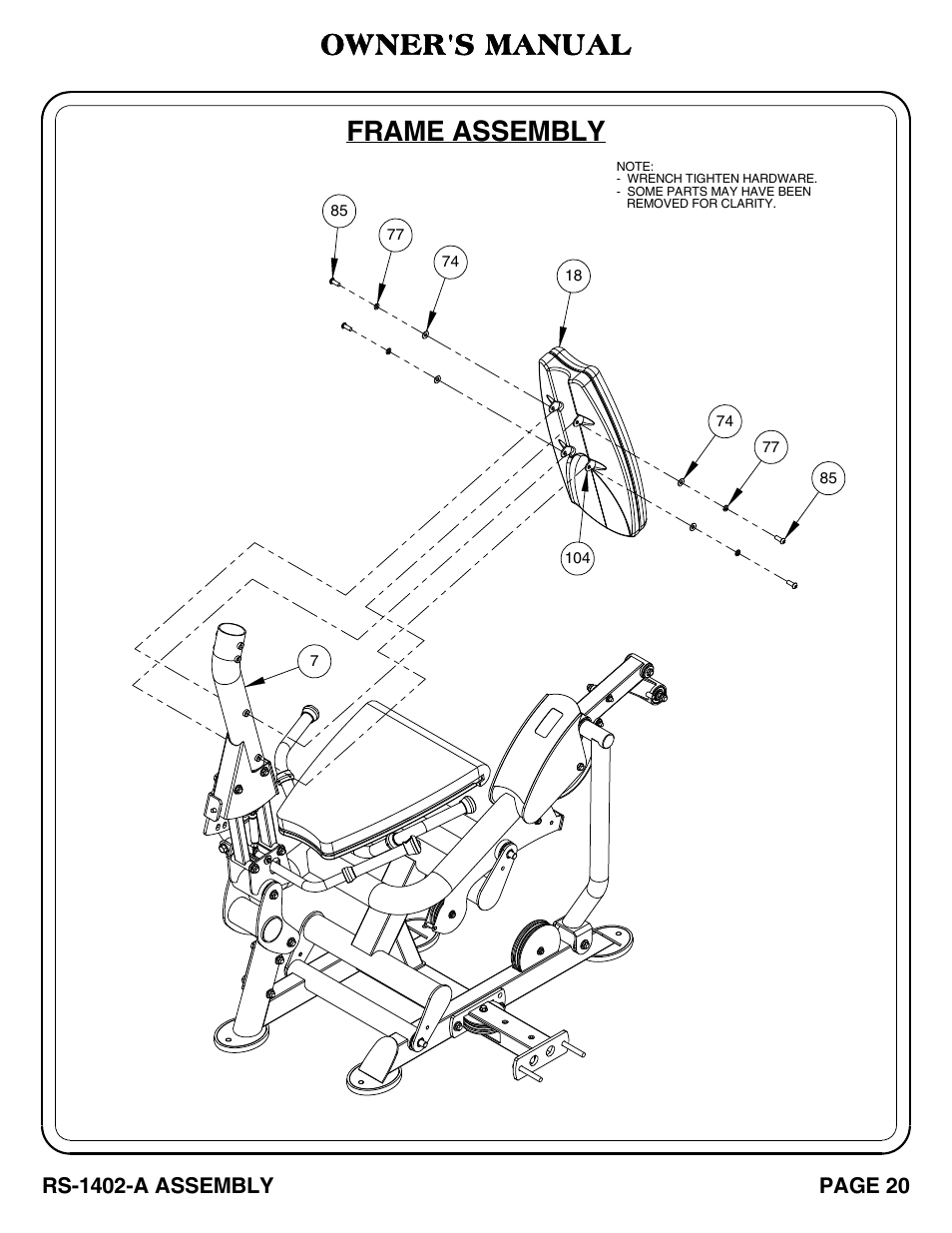 Frame assembly, Owner's manual | Hoist Fitness RS-1402-A User Manual | Page 21 / 42