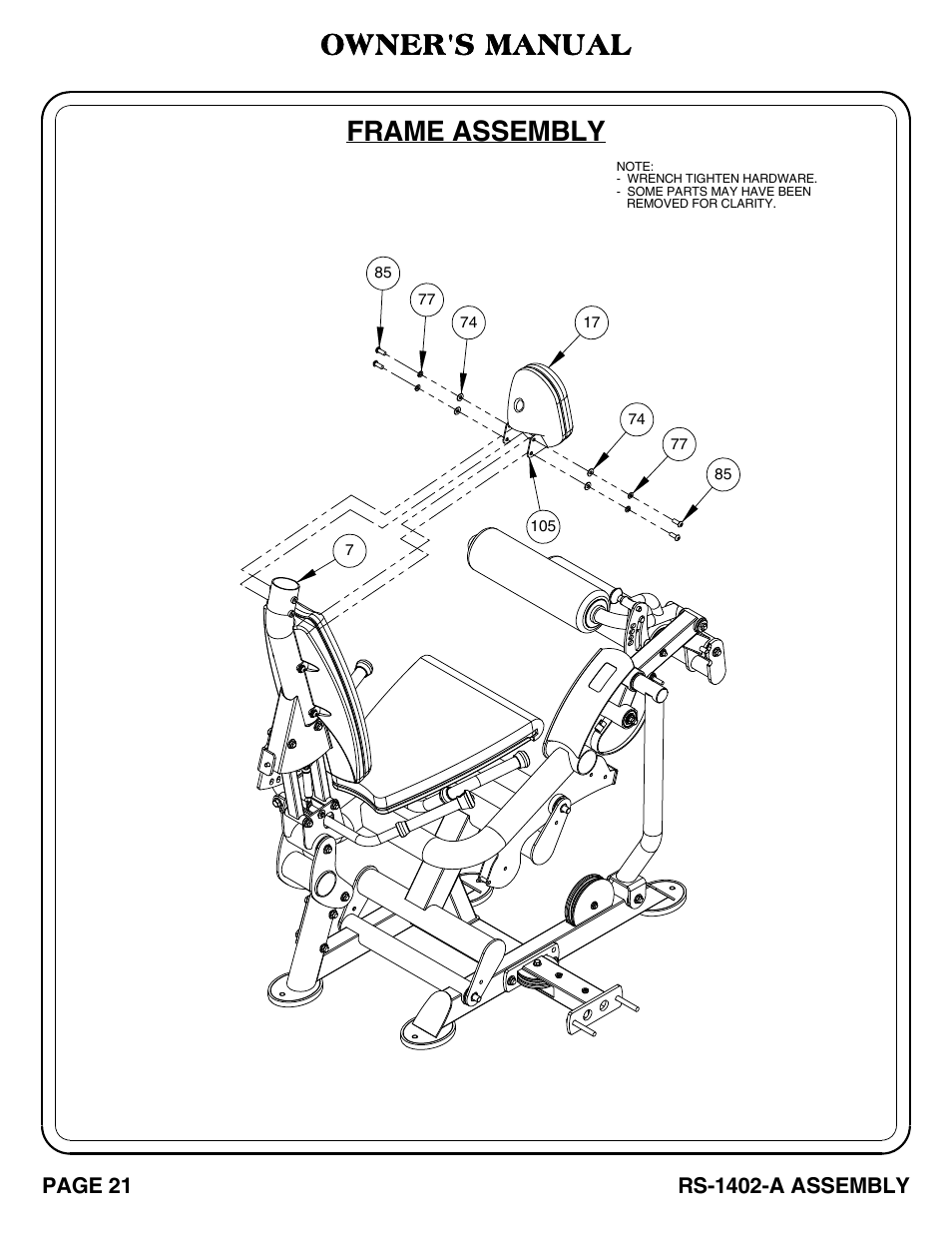 Rs-1402-a_pg 21-22, Frame assembly owner's manual | Hoist Fitness RS-1402-A User Manual | Page 22 / 42