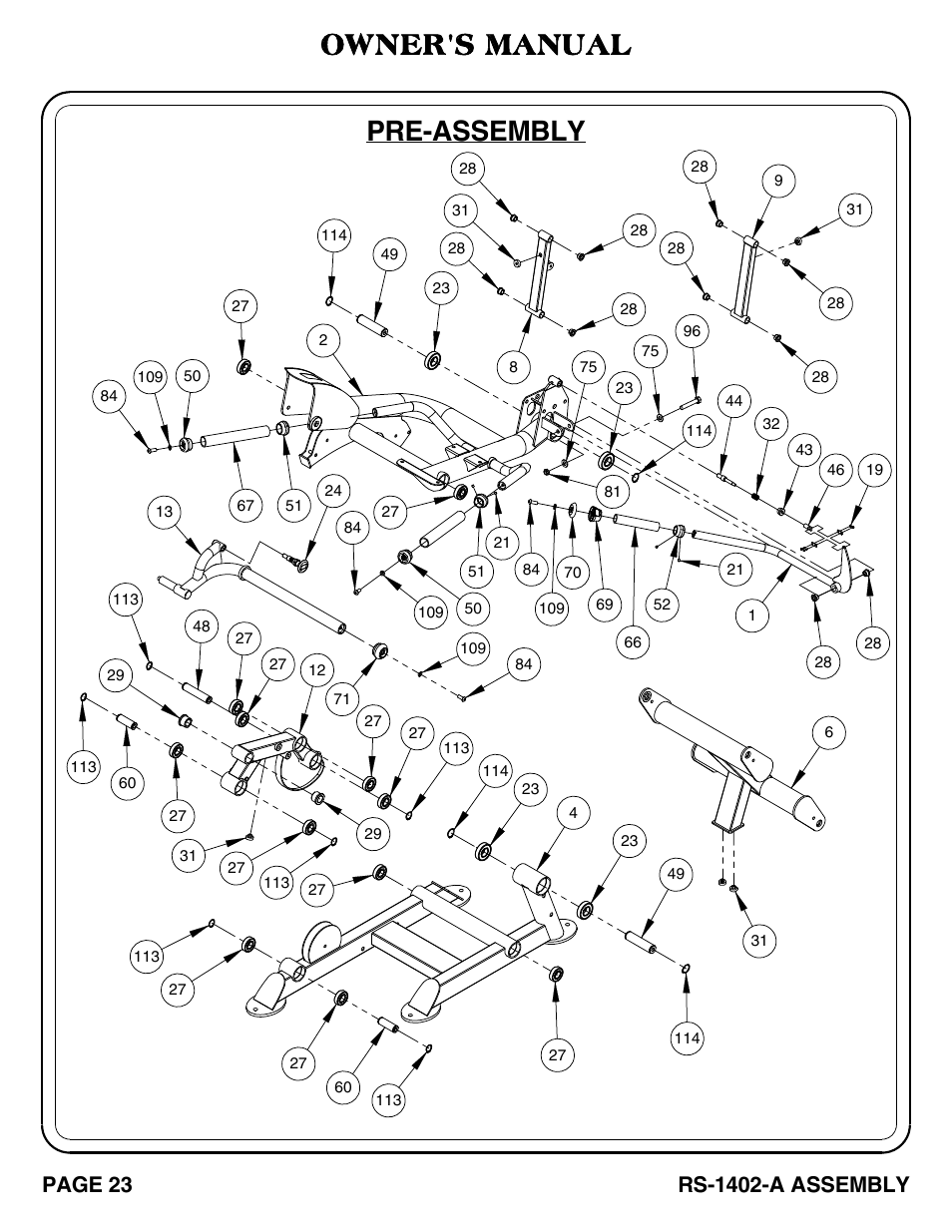 Rs-1402-a_pg 23-24, Pre-assembly, Owner's manual | Page 23, Rs-1402-a assembly | Hoist Fitness RS-1402-A User Manual | Page 24 / 42