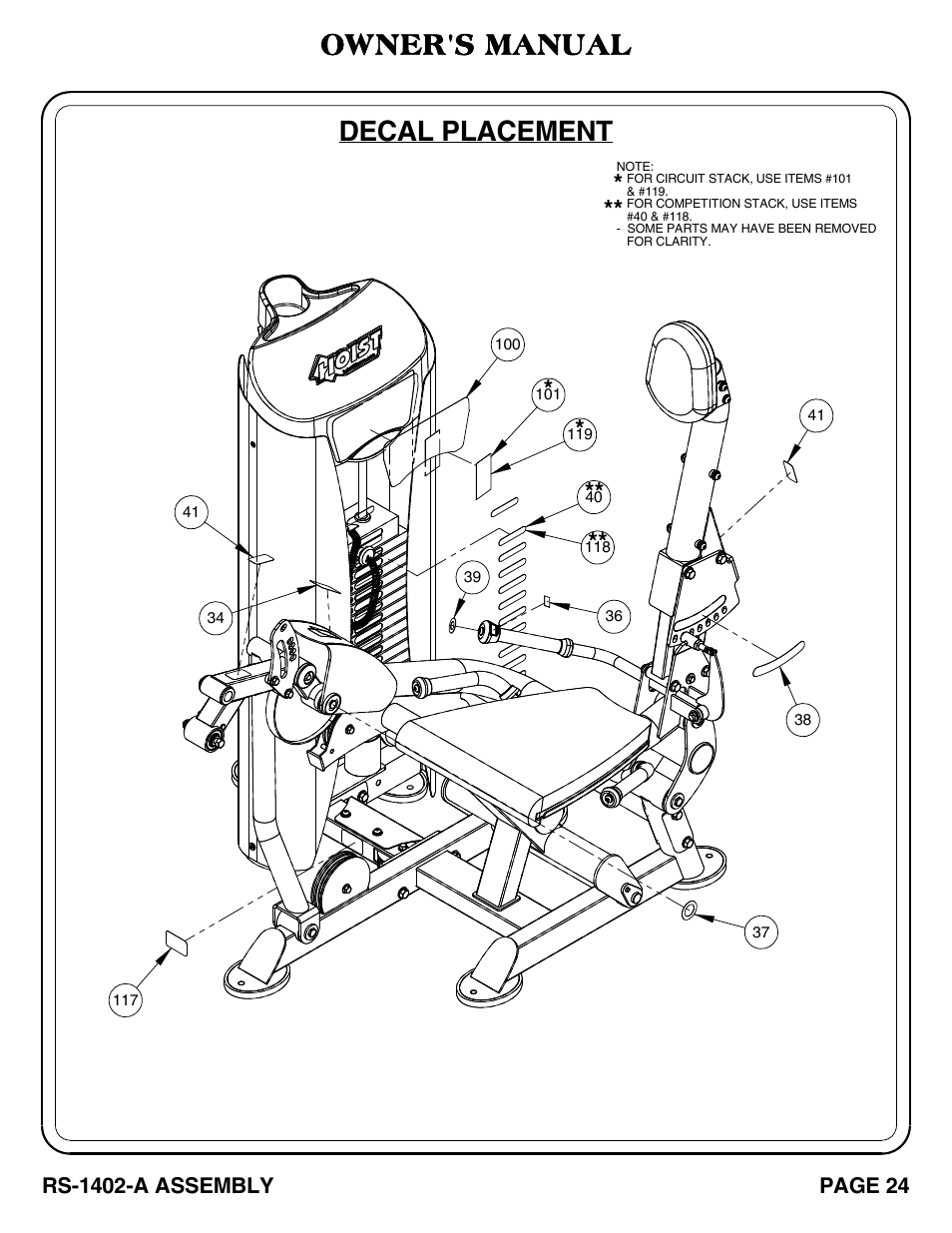 Decal placement, Owner's manual | Hoist Fitness RS-1402-A User Manual | Page 25 / 42