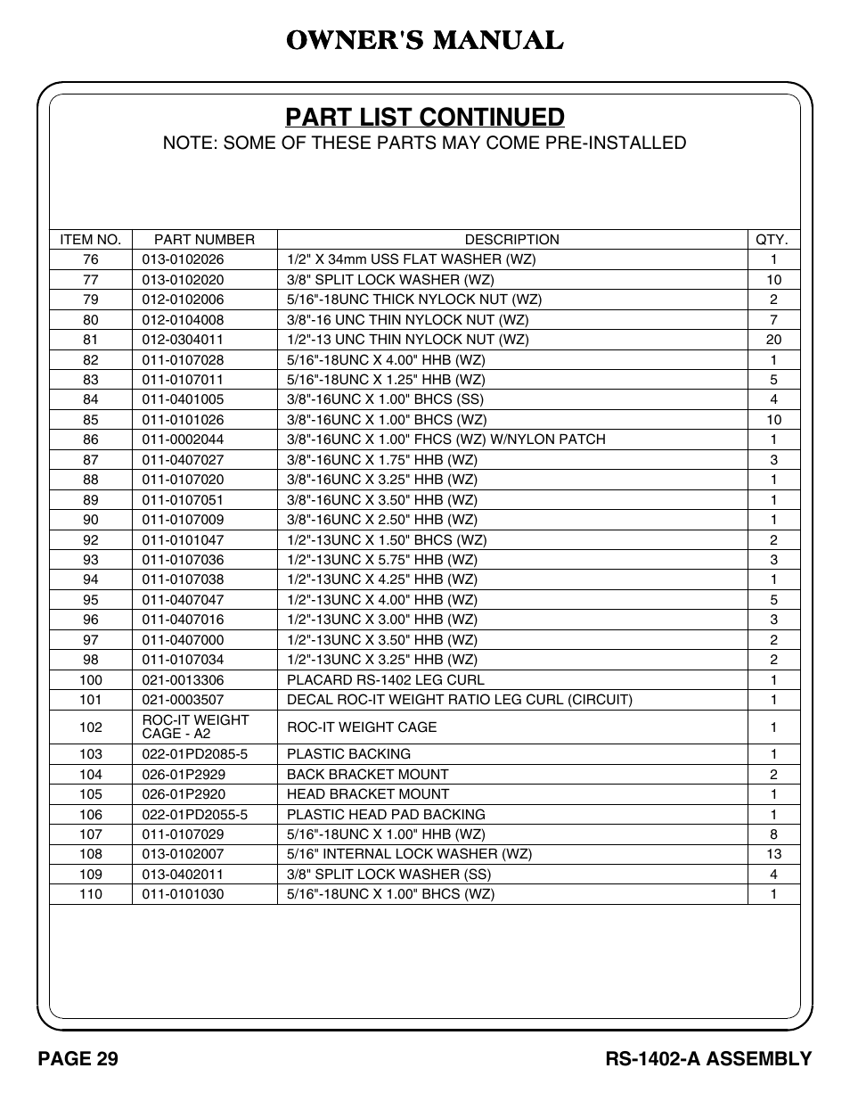 Part list continued, Owner's manual, Page 29 | Rs-1402-a assembly | Hoist Fitness RS-1402-A User Manual | Page 30 / 42