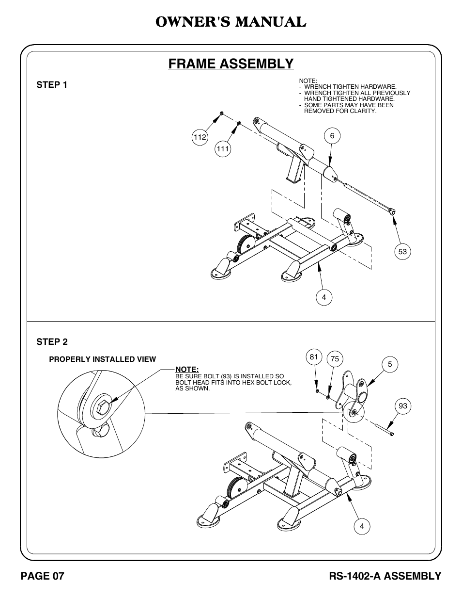 Rs-1402-a_pg 07-08, Frame assembly, Owner's manual | Page 07, Rs-1402-a assembly | Hoist Fitness RS-1402-A User Manual | Page 8 / 42