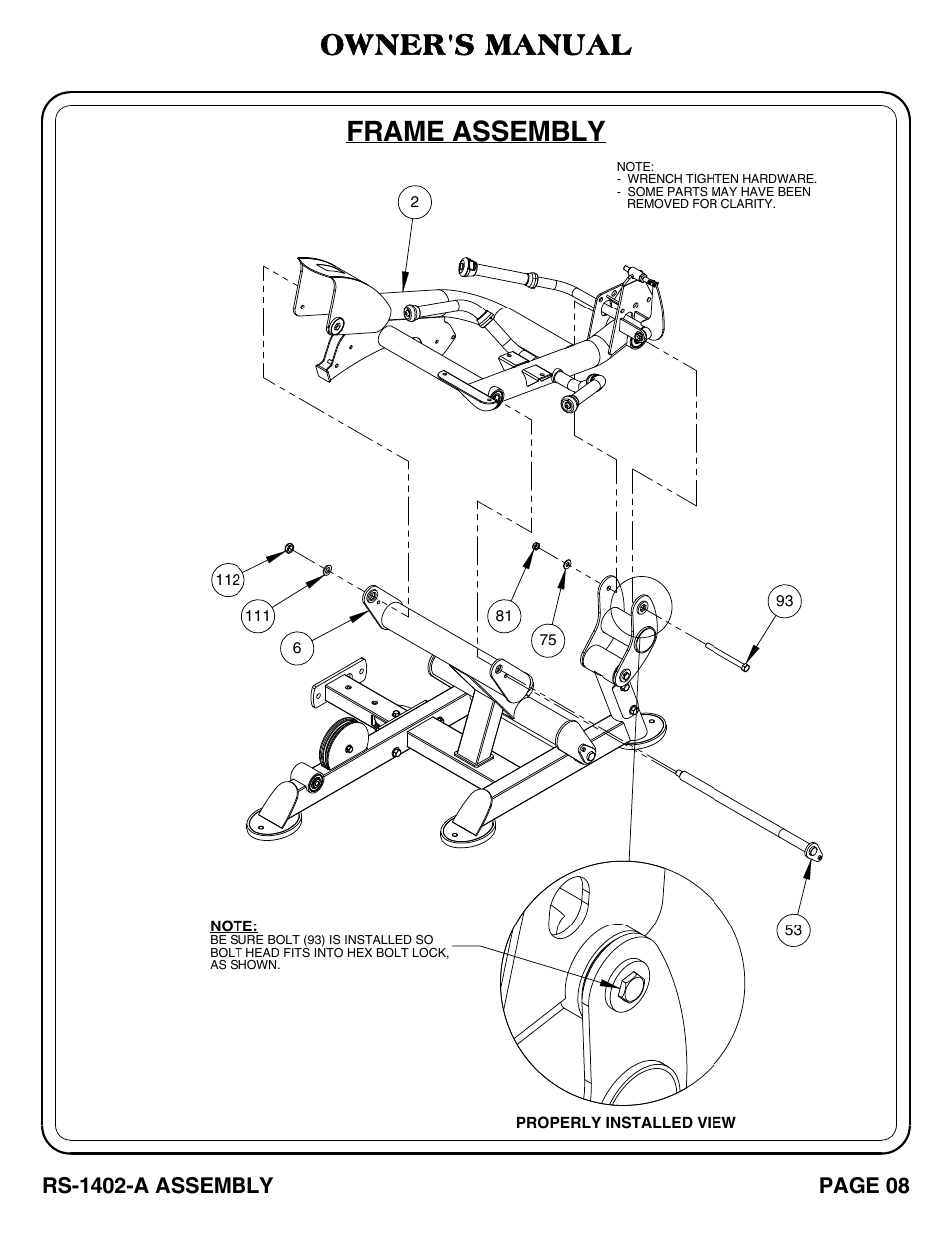 Frame assembly, Owner's manual | Hoist Fitness RS-1402-A User Manual | Page 9 / 42